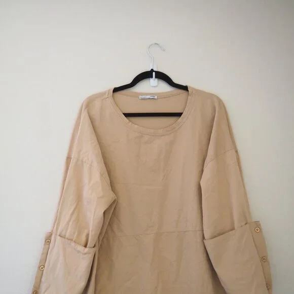 * Zara Oversized Tan Shirt Dress w/ Button Sleeves sz S - Picture 3 of 5